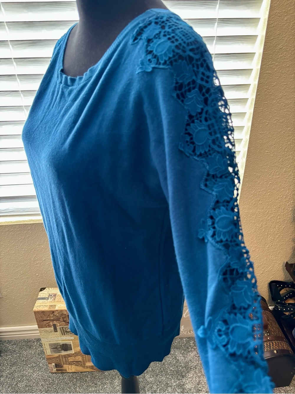 Ruby Rd. Royal Blue Sweater with Lace Sleeve Inserts - Picture 2 of 5